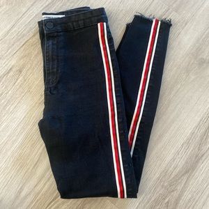 Lightly worn Zara black denim high waisted skinny jeans with stripe detail